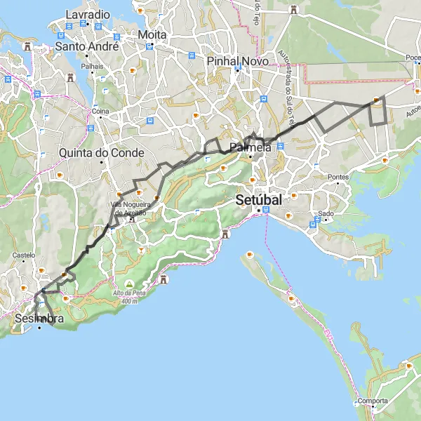 Miniatura do mapa de inspiração para ciclismo "Rota da Serra do Louro e Palmela" em Área Metropolitana de Lisboa, Portugal. Gerado pelo planejador de rotas de ciclismo Tarmacs.app