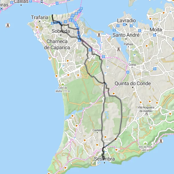Miniatura do mapa de inspiração para ciclismo "Volta de Ciclismo pela Costa de Sesimbra" em Área Metropolitana de Lisboa, Portugal. Gerado pelo planejador de rotas de ciclismo Tarmacs.app
