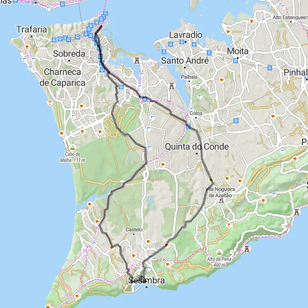Miniatura do mapa de inspiração para ciclismo "Rota do Miradouro de Sesimbra" em Área Metropolitana de Lisboa, Portugal. Gerado pelo planejador de rotas de ciclismo Tarmacs.app