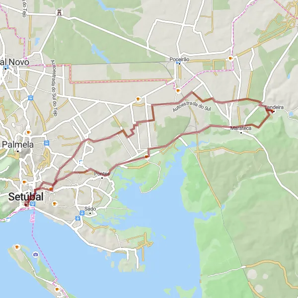 Map miniature of "Setúbal Gravel Loop" cycling inspiration in Área Metropolitana de Lisboa, Portugal. Generated by Tarmacs.app cycling route planner