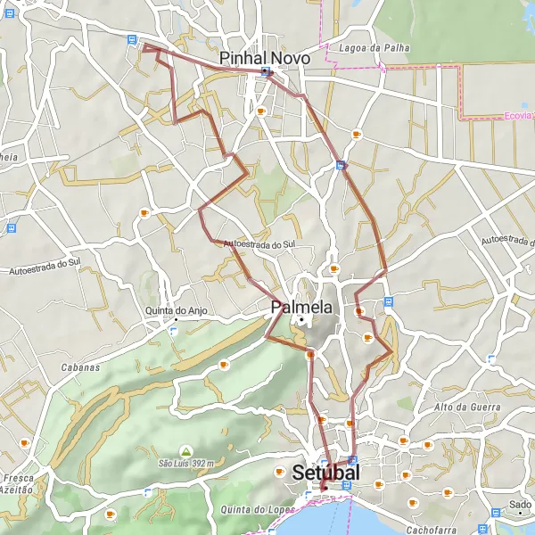 Map miniature of "Palmela Gravel Adventure" cycling inspiration in Área Metropolitana de Lisboa, Portugal. Generated by Tarmacs.app cycling route planner