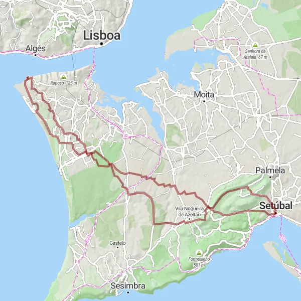 Map miniature of "Setúbal to Palácio e Quinta da Bacalhoa Gravel Cycling Route" cycling inspiration in Área Metropolitana de Lisboa, Portugal. Generated by Tarmacs.app cycling route planner