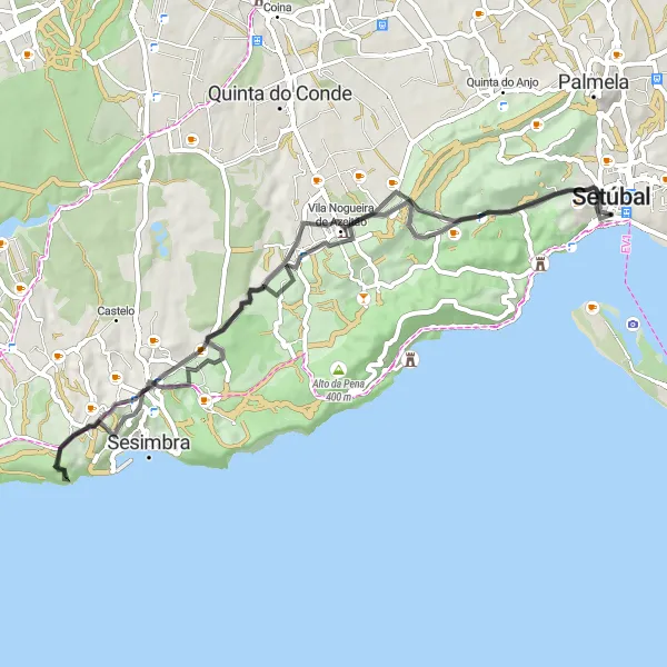 Map miniature of "Sesimbra Loop" cycling inspiration in Área Metropolitana de Lisboa, Portugal. Generated by Tarmacs.app cycling route planner