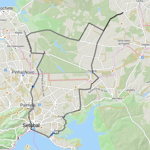Map miniature of "Sado's Beaches Road Tour" cycling inspiration in Área Metropolitana de Lisboa, Portugal. Generated by Tarmacs.app cycling route planner