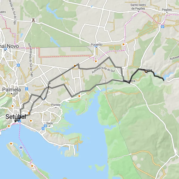 Map miniature of "Águas de Moura Road Loop" cycling inspiration in Área Metropolitana de Lisboa, Portugal. Generated by Tarmacs.app cycling route planner