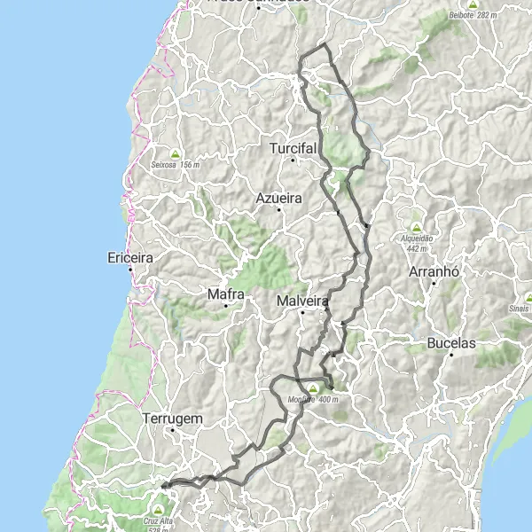 Miniatura do mapa de inspiração para ciclismo "Rota das Colinas e Aldeias de Sintra" em Área Metropolitana de Lisboa, Portugal. Gerado pelo planejador de rotas de ciclismo Tarmacs.app