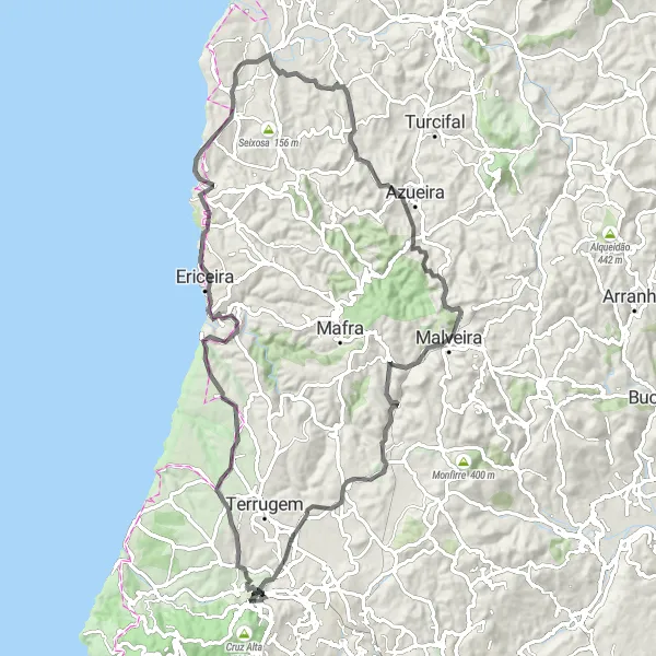 Miniatura do mapa de inspiração para ciclismo "Rota Costeira de Sintra" em Área Metropolitana de Lisboa, Portugal. Gerado pelo planejador de rotas de ciclismo Tarmacs.app