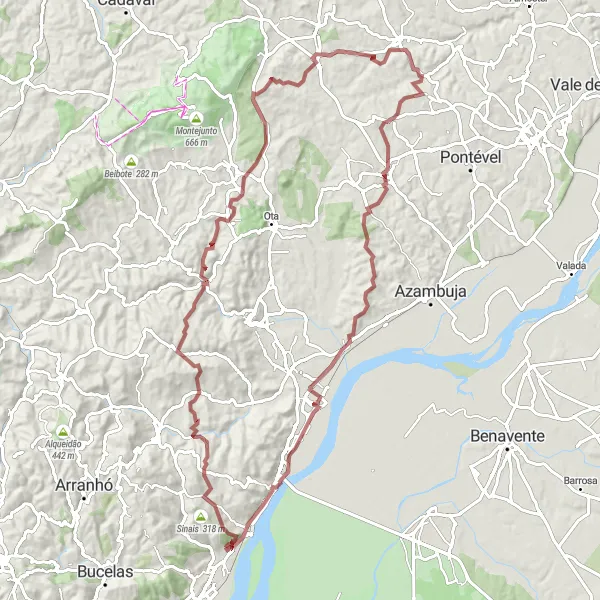 Map miniature of "Explore the Gravel Beauty of Ota" cycling inspiration in Área Metropolitana de Lisboa, Portugal. Generated by Tarmacs.app cycling route planner