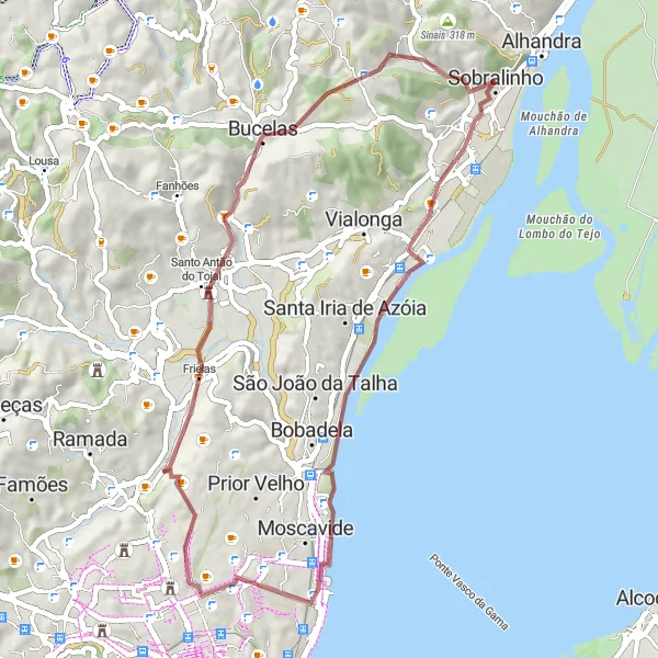 Map miniature of "Gravel Adventures around Sobralinho" cycling inspiration in Área Metropolitana de Lisboa, Portugal. Generated by Tarmacs.app cycling route planner