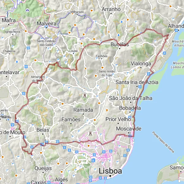 Map miniature of "Sobralinho to Almargem do Bispo Gravel Route" cycling inspiration in Área Metropolitana de Lisboa, Portugal. Generated by Tarmacs.app cycling route planner