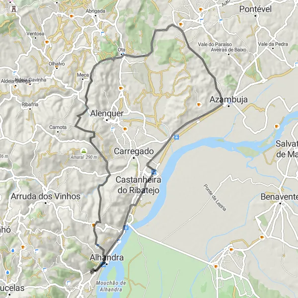 Map miniature of "Road Cycling through Vila Franca de Xira" cycling inspiration in Área Metropolitana de Lisboa, Portugal. Generated by Tarmacs.app cycling route planner