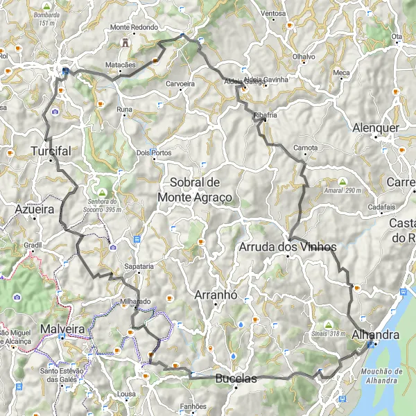 Miniatura do mapa de inspiração para ciclismo "Caminho das Vinhas" em Área Metropolitana de Lisboa, Portugal. Gerado pelo planejador de rotas de ciclismo Tarmacs.app
