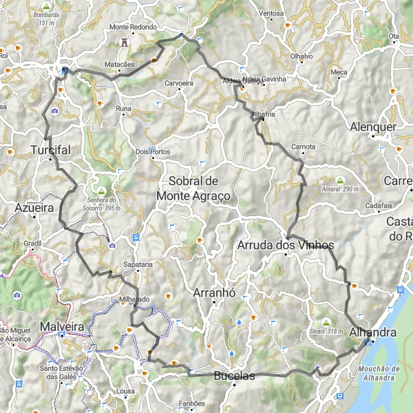 Map miniature of "The Bucelas Road Loop" cycling inspiration in Área Metropolitana de Lisboa, Portugal. Generated by Tarmacs.app cycling route planner