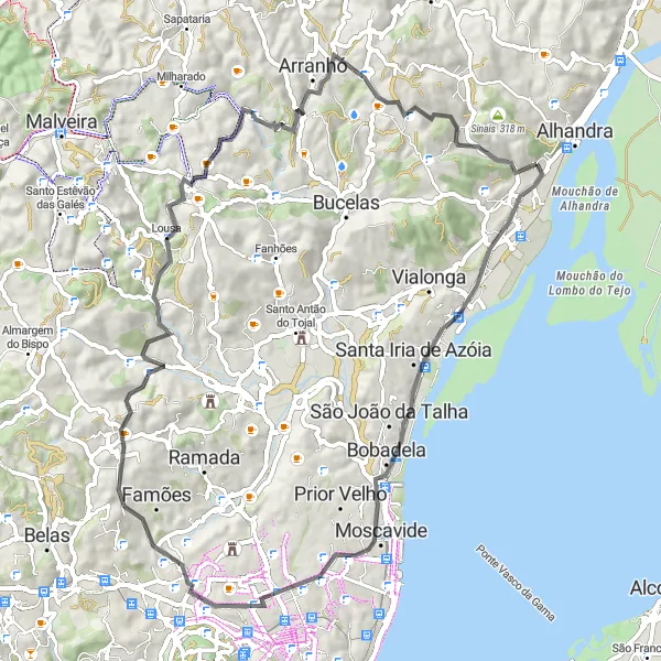 Map miniature of "Sobralinho to Montachique Road Route" cycling inspiration in Área Metropolitana de Lisboa, Portugal. Generated by Tarmacs.app cycling route planner