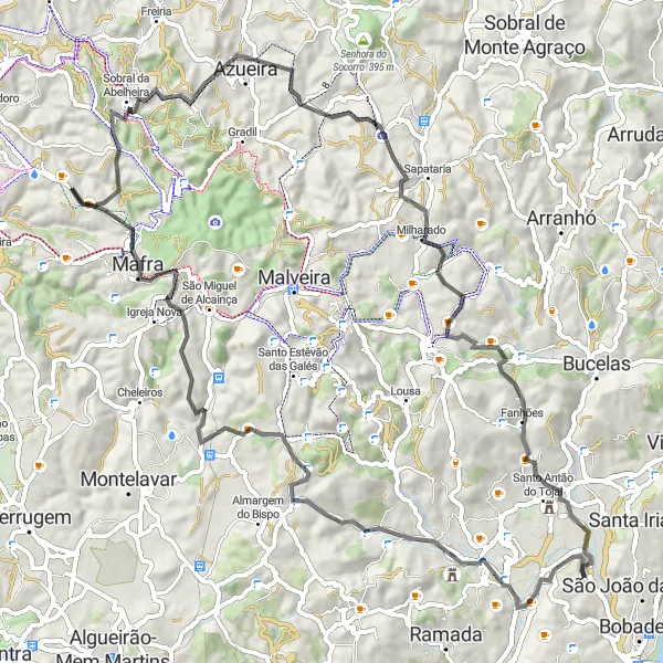 Miniatura do mapa de inspiração para ciclismo "Rota de Ciclismo de Estrada Unhos-Mafra" em Área Metropolitana de Lisboa, Portugal. Gerado pelo planejador de rotas de ciclismo Tarmacs.app