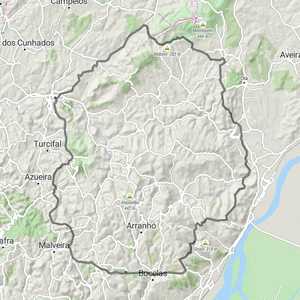 Miniatura do mapa de inspiração para ciclismo "Rota de Ciclismo de Estrada de 108km perto de Venda do Pinheiro" em Área Metropolitana de Lisboa, Portugal. Gerado pelo planejador de rotas de ciclismo Tarmacs.app