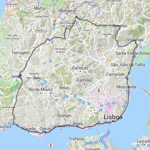 Miniatura do mapa de inspiração para ciclismo "Cicloturismo urbano e rural nas proximidades de Vialonga" em Área Metropolitana de Lisboa, Portugal. Gerado pelo planejador de rotas de ciclismo Tarmacs.app