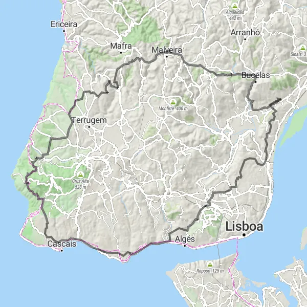 Map miniature of "Road Trip through Sintra and Cascais" cycling inspiration in Área Metropolitana de Lisboa, Portugal. Generated by Tarmacs.app cycling route planner