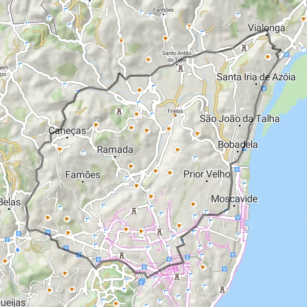 Map miniature of "Scenic Ride from Póvoa de Santa Iria to Vialonga" cycling inspiration in Área Metropolitana de Lisboa, Portugal. Generated by Tarmacs.app cycling route planner