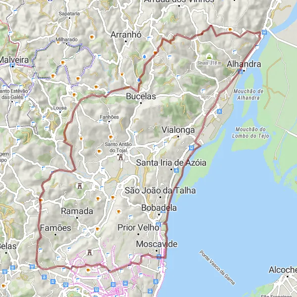 Miniatura do mapa de inspiração para ciclismo "Explorando o entorno de Vila Franca de Xira de bike" em Área Metropolitana de Lisboa, Portugal. Gerado pelo planejador de rotas de ciclismo Tarmacs.app