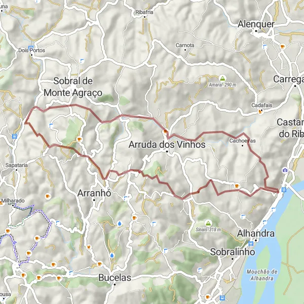 Miniatura do mapa de inspiração para ciclismo "Desafio de montanha e aldeias em redor de Vila Franca de Xira" em Área Metropolitana de Lisboa, Portugal. Gerado pelo planejador de rotas de ciclismo Tarmacs.app