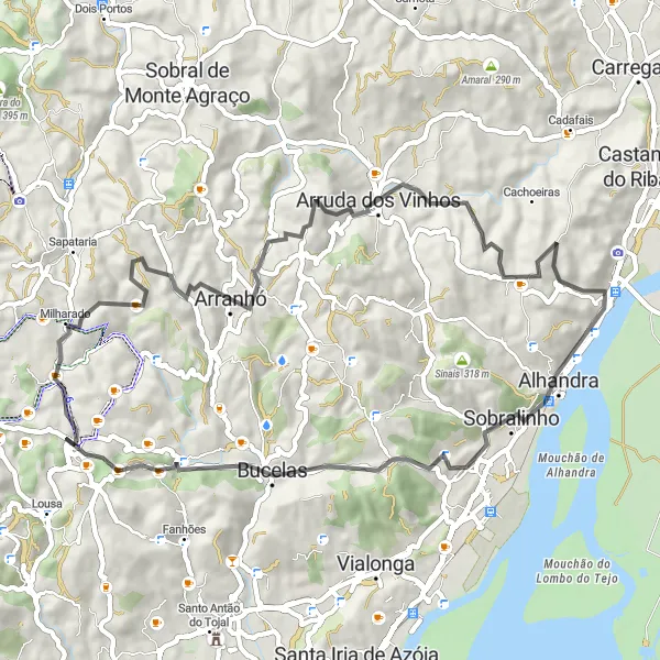 Miniatura do mapa de inspiração para ciclismo "Desafio das Colinas e Aldeias" em Área Metropolitana de Lisboa, Portugal. Gerado pelo planejador de rotas de ciclismo Tarmacs.app