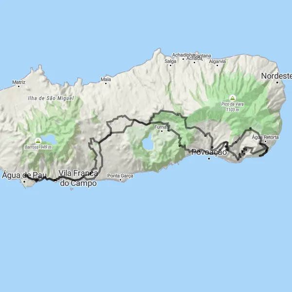 Miniatura do mapa de inspiração para ciclismo "Desafio Épico de 120km pela Natureza Açoreana" em Região Autónoma dos Açores, Portugal. Gerado pelo planejador de rotas de ciclismo Tarmacs.app