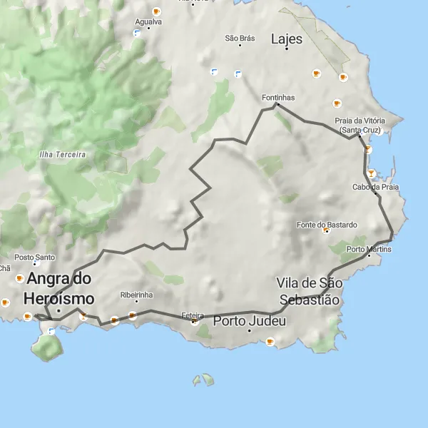 Miniatura do mapa de inspiração para ciclismo "Trilho das Fontinhas" em Região Autónoma dos Açores, Portugal. Gerado pelo planejador de rotas de ciclismo Tarmacs.app
