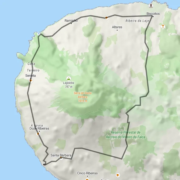 Miniatura do mapa de inspiração para ciclismo "Rota das Ribeiras" em Região Autónoma dos Açores, Portugal. Gerado pelo planejador de rotas de ciclismo Tarmacs.app