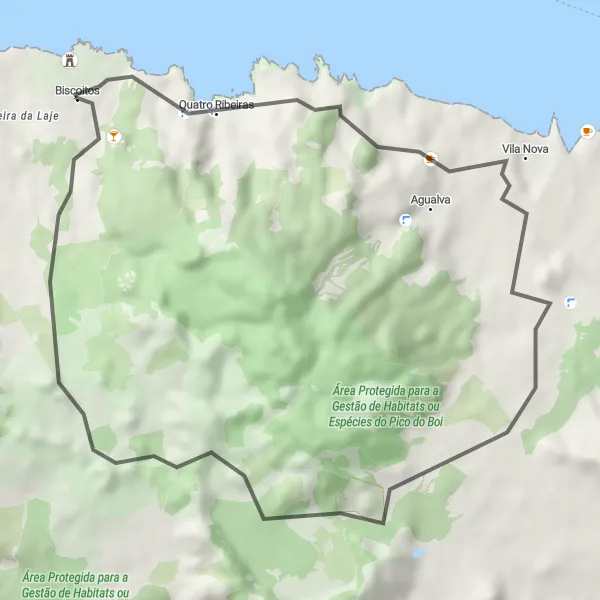 Miniatura do mapa de inspiração para ciclismo "Descoberta de Biscoitos e Ilha Terceira de Bicicleta" em Região Autónoma dos Açores, Portugal. Gerado pelo planejador de rotas de ciclismo Tarmacs.app