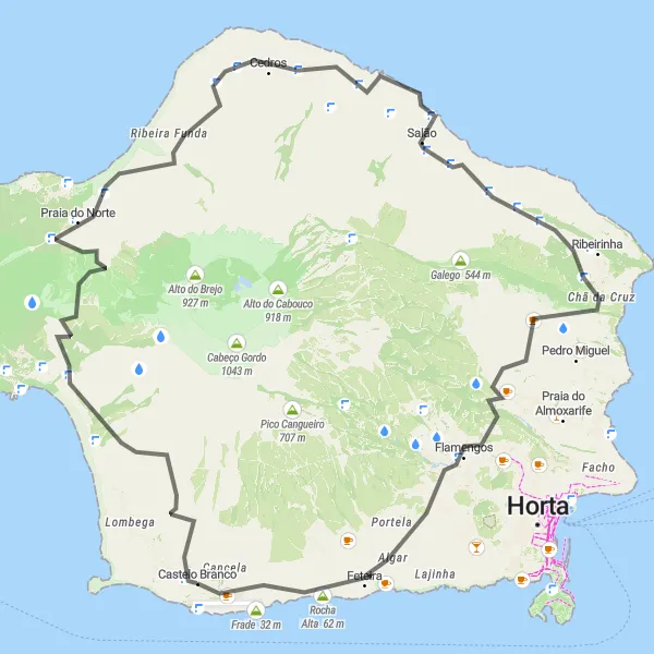 Miniatura do mapa de inspiração para ciclismo "Circuito Costeiro da Ilha do Faial" em Região Autónoma dos Açores, Portugal. Gerado pelo planejador de rotas de ciclismo Tarmacs.app