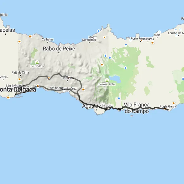 Miniatura do mapa de inspiração para ciclismo "Ponta Delgada to Quinta do Pico da Abelheira" em Região Autónoma dos Açores, Portugal. Gerado pelo planejador de rotas de ciclismo Tarmacs.app