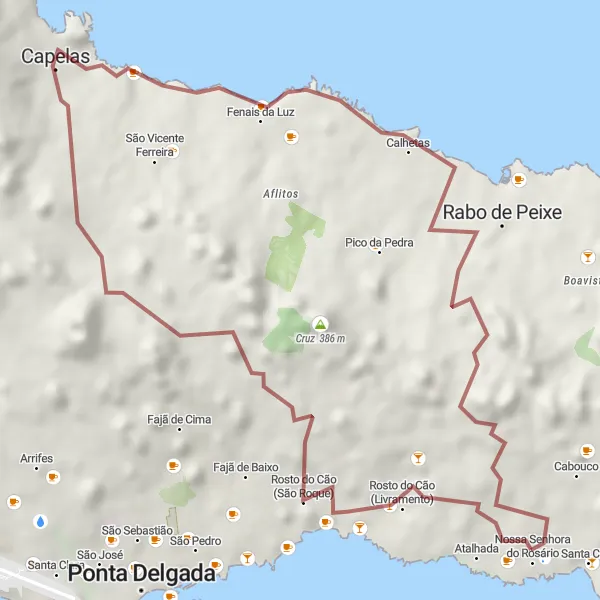 Miniatura do mapa de inspiração para ciclismo "Exploração de Capelas em Gravel" em Região Autónoma dos Açores, Portugal. Gerado pelo planejador de rotas de ciclismo Tarmacs.app