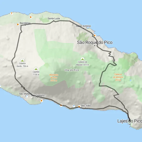 Miniatura do mapa de inspiração para ciclismo "Rota das Bandeiras" em Região Autónoma dos Açores, Portugal. Gerado pelo planejador de rotas de ciclismo Tarmacs.app