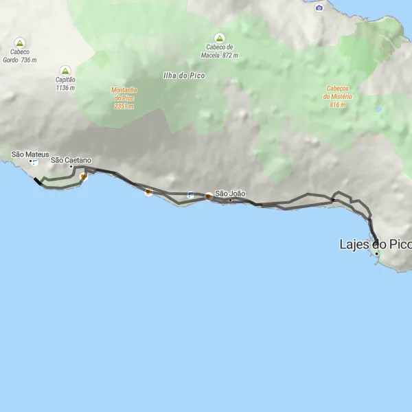 Miniatura do mapa de inspiração para ciclismo "Circuito pela Costa de Lajes" em Região Autónoma dos Açores, Portugal. Gerado pelo planejador de rotas de ciclismo Tarmacs.app