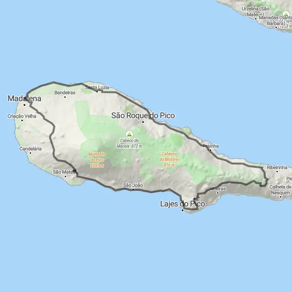Miniatura do mapa de inspiração para ciclismo "Jornada Pelas Maravilhas de Pico" em Região Autónoma dos Açores, Portugal. Gerado pelo planejador de rotas de ciclismo Tarmacs.app
