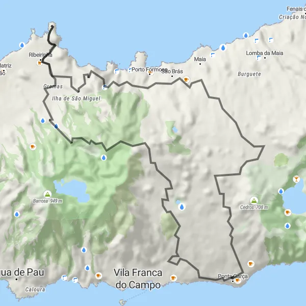 Miniatura do mapa de inspiração para ciclismo "Volta de Ciclismo de Estrada pela Ilha de São Miguel" em Região Autónoma dos Açores, Portugal. Gerado pelo planejador de rotas de ciclismo Tarmacs.app