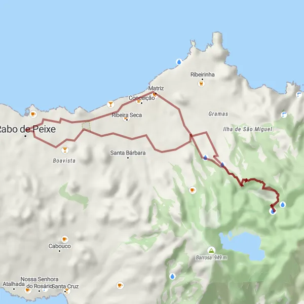 Miniatura do mapa de inspiração para ciclismo "Trilho da Cascata Salto Cabrito e Ribeira Grande" em Região Autónoma dos Açores, Portugal. Gerado pelo planejador de rotas de ciclismo Tarmacs.app