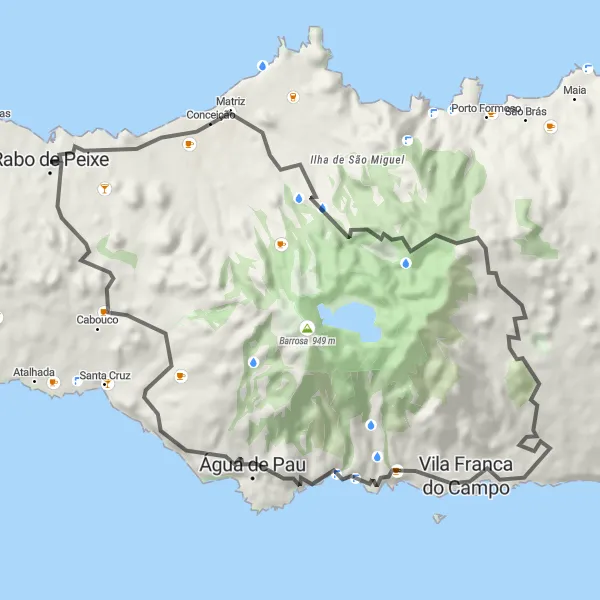 Miniatura do mapa de inspiração para ciclismo "Rabo de Peixe - Ribeira Grande" em Região Autónoma dos Açores, Portugal. Gerado pelo planejador de rotas de ciclismo Tarmacs.app
