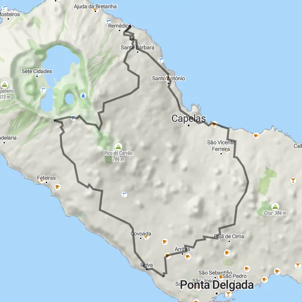 Miniatura do mapa de inspiração para ciclismo "Rota do Miradouro do Caminho Novo a Arrifes" em Região Autónoma dos Açores, Portugal. Gerado pelo planejador de rotas de ciclismo Tarmacs.app