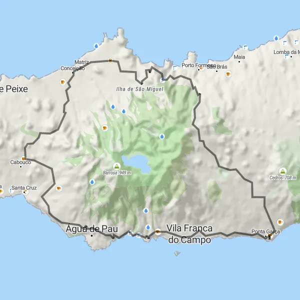 Miniatura do mapa de inspiração para ciclismo "Circuito de Ciclismo em Ribeira Grande" em Região Autónoma dos Açores, Portugal. Gerado pelo planejador de rotas de ciclismo Tarmacs.app