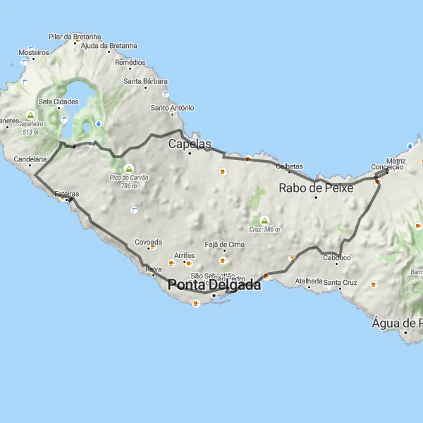 Miniatura do mapa de inspiração para ciclismo "Circuito Costeiro de São Miguel" em Região Autónoma dos Açores, Portugal. Gerado pelo planejador de rotas de ciclismo Tarmacs.app