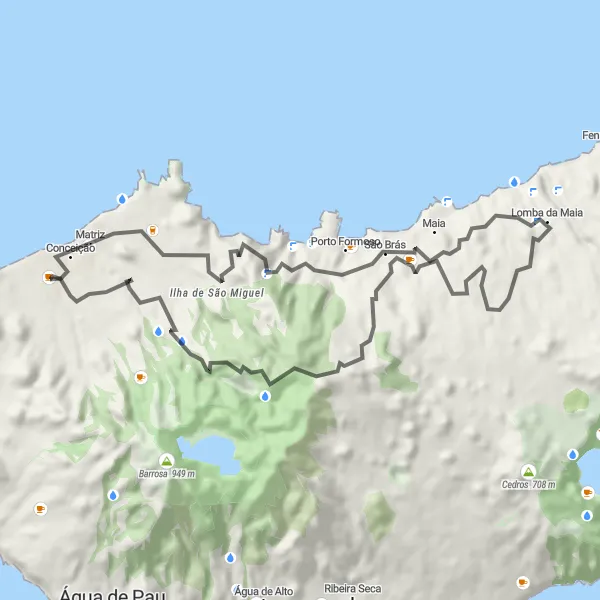 Miniatura do mapa de inspiração para ciclismo "Circuito das Termas e Miradouros" em Região Autónoma dos Açores, Portugal. Gerado pelo planejador de rotas de ciclismo Tarmacs.app