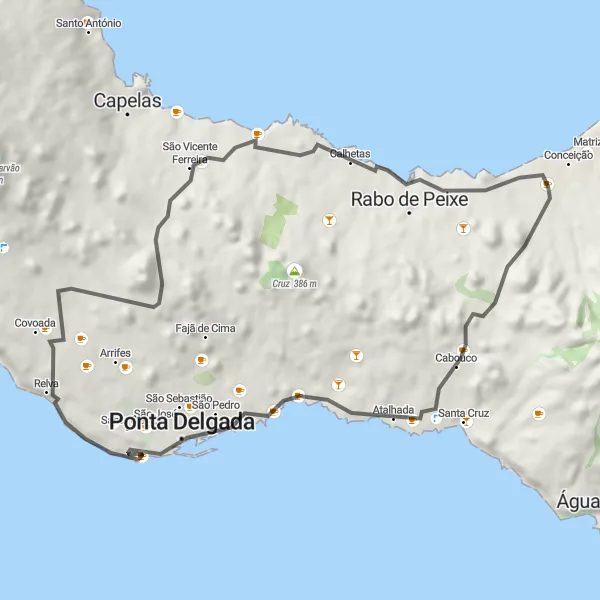 Miniatura do mapa de inspiração para ciclismo "Rota costeira até Ribeira Seca" em Região Autónoma dos Açores, Portugal. Gerado pelo planejador de rotas de ciclismo Tarmacs.app