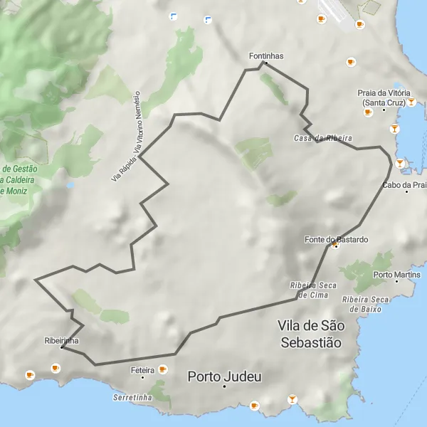 Miniatura do mapa de inspiração para ciclismo "Desafio em Estrada até Ribeirinha" em Região Autónoma dos Açores, Portugal. Gerado pelo planejador de rotas de ciclismo Tarmacs.app