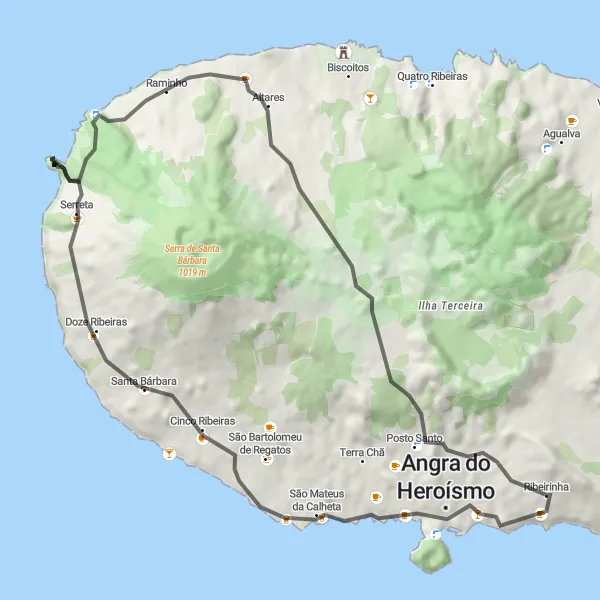 Miniatura do mapa de inspiração para ciclismo "Rota de Estrada até Ribeirinha" em Região Autónoma dos Açores, Portugal. Gerado pelo planejador de rotas de ciclismo Tarmacs.app