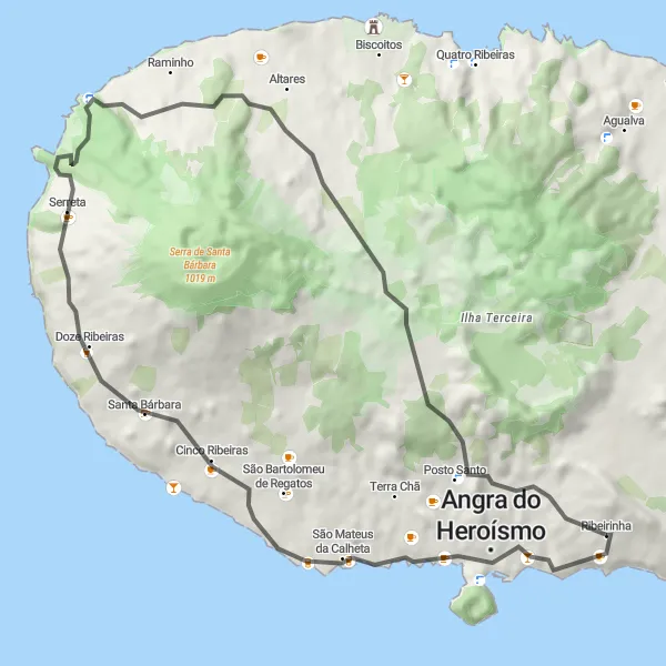 Miniatura do mapa de inspiração para ciclismo "Exploração Ciclística em Ribeirinha" em Região Autónoma dos Açores, Portugal. Gerado pelo planejador de rotas de ciclismo Tarmacs.app