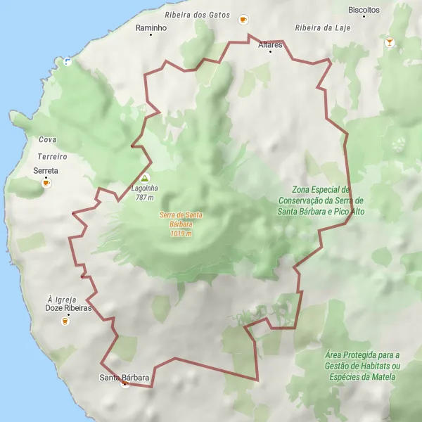 Miniatura do mapa de inspiração para ciclismo "Circuito Costeiro de Santa Bárbara" em Região Autónoma dos Açores, Portugal. Gerado pelo planejador de rotas de ciclismo Tarmacs.app