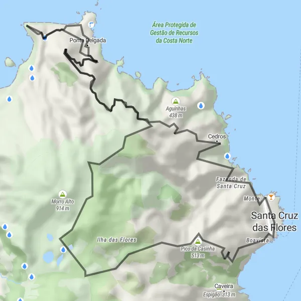 Miniatura do mapa de inspiração para ciclismo "Travessia de Ciclismo da Ilha das Flores" em Região Autónoma dos Açores, Portugal. Gerado pelo planejador de rotas de ciclismo Tarmacs.app