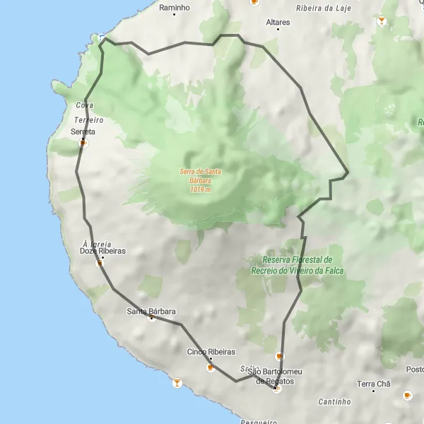 Miniatura do mapa de inspiração para ciclismo "Rota Road de Poços de São Bartolomeu" em Região Autónoma dos Açores, Portugal. Gerado pelo planejador de rotas de ciclismo Tarmacs.app